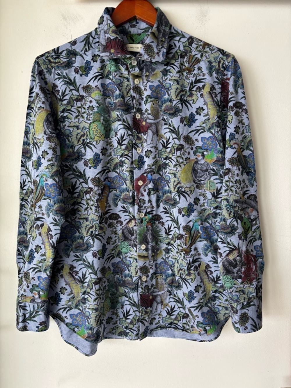 ETRO Italy Floral & Bird Print Button-Up Shirt - Multi Blue Size 43